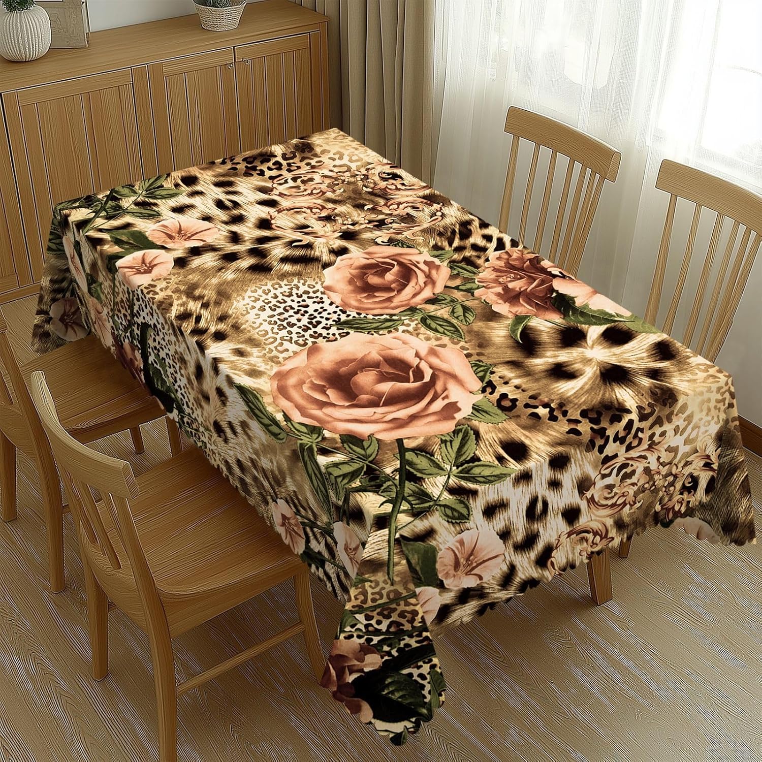 Home Textiles Premium - Chic Leopard Rose Floral Tablecloth, Premium